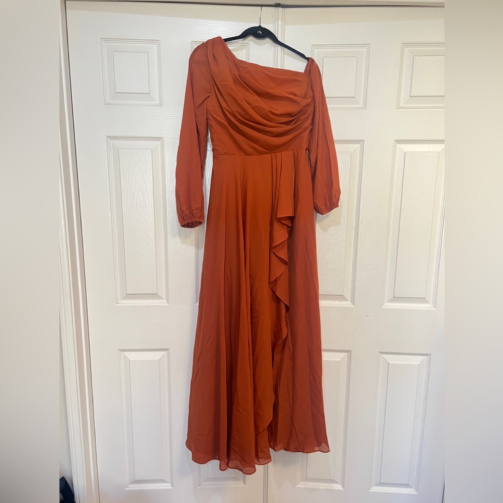 Orange Slit Ruffles‎ slant neckline Chiffon Formal long Dress bridesmaid size 6